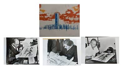 ליטוגרפיה לוחמי הפלדה משנת תשלח חתומה עי שלושה ראשי ממשלה בגין רבין גולדה